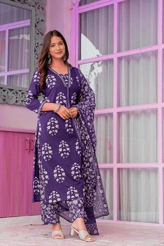 Image of PARTHVI Women's Pure Cotton Printed Straight Kurta Set with Palazzo Pants & Dupatta- Ethnic Wear, Green