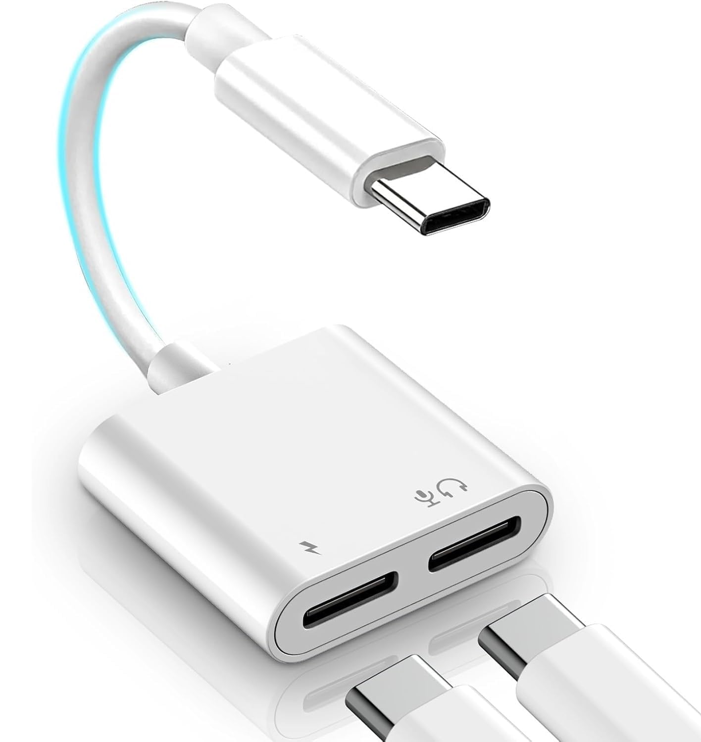Dual USB C Headphone & Charge Adapter 2in1 Type C Audio Cable Dongle PD 60W Fast Charging Support Call Music for iPhone 17 16 15 Series, Pixel 7 6 5, Galaxy S25 to S21 & All C Models-White-image-20