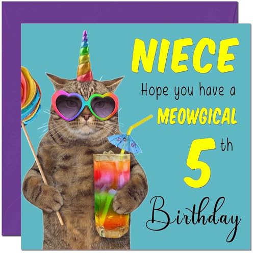 5th Niece Birthday Card - Meowgical Cat Funny Niece's Birthday Card for 5 Year old Kids five, fifth