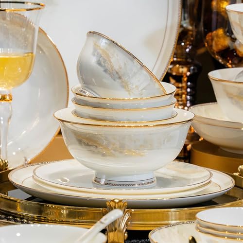 FOTN Juego de vajilla de porcelana de lujo de 30 piezas, vajilla de cerámica, plato de arroz, cuchara, palillos para 6 personas, apto para microondas y horno