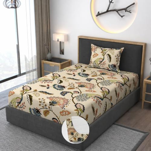 Image of Vram Premium Heavy Cotton Elastic Fitted Bedsheets with 1 King Size Pillow Covers || Single Bed with All Around Elastic 350 TC || 36 x 78 x 6 Inch Single Size Fitted || :- Jaipuri Peacock