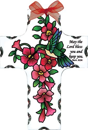 Hummingbird & Red Trumpet May The Lord Bless You Cross Stained Glass Suncatcher (SX2010R)