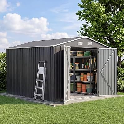 UDPATIO 10X10 FT Outdoor Storage Shed, Metal Shed for Garden&Patio,Grey
