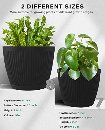LaDoVita Plant Pots Indoor, Outdoor Garden Planter, 7+8 Inch Set of 2 Plastic Flower Pots with Drainage Holes, Medium and Small Modern Decorative Planter for House, Black