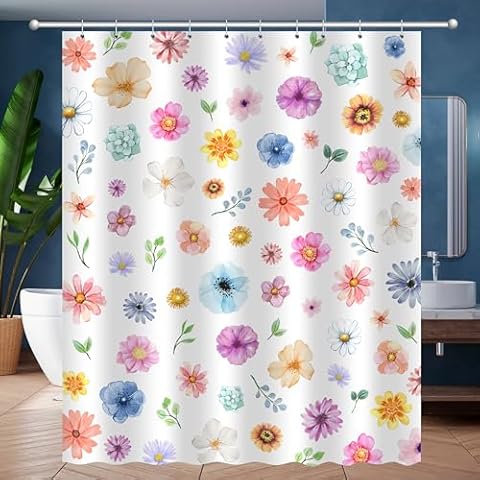 JWXCBIM Boho Floral Shower Curtain, Spring Colorful Botanical Flower Leaves Bohemian Fabric Shower Curtain Set with 12 Hooks, Bathroom Bathtub Accessories Decor Cloth Curtain 60x72 Inches Cover