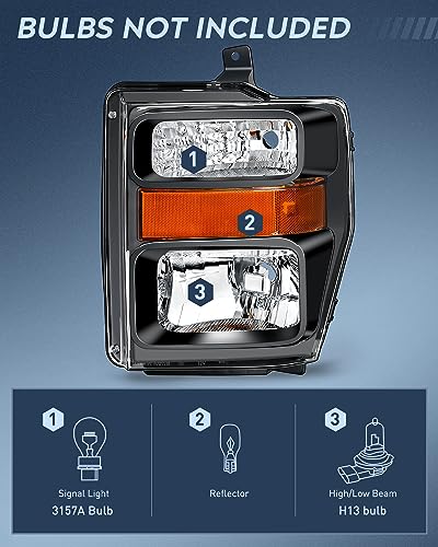 Image of Nilight Headlight Assembly Compatible with 2008 2009 2010 Ford F250 F350 F450 Super Duty Headlamps Replacement Black Housing Amber Reflector Clear Lens Driver and Passenger Side