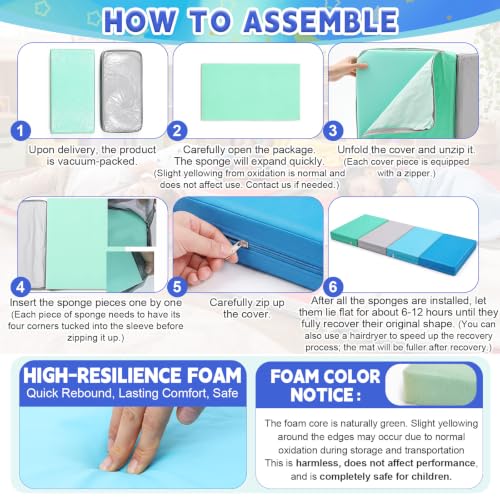 Image of Wesiti 1 Pcs Nap Mats for Preschool 2 Inch Thick 47x24 Folding Rest Mat 4 Section, Sleeping Pad for Kids Children Daycare Nap School Classroom Kindergarten Daycare Travel Home in Green Blue