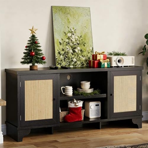 GarveeHome Rattan TV Stand for Living Room, Boho Entertainment Center for 55, 65 in TV, TV Console Cabinet with Storage Shelf, Black, Black