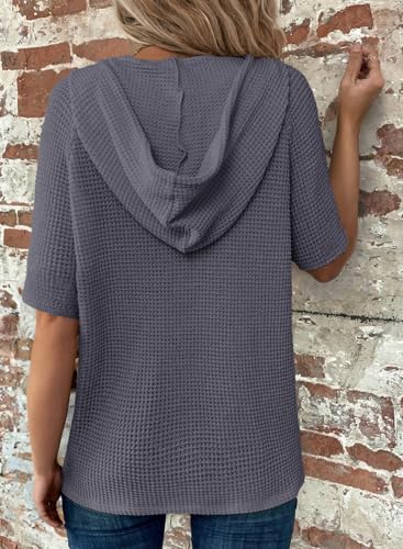 Image of Dokotoo Womens Summer Tops Waffle Knit Short Sleeve Lightweight Drawstring Hoodies Button V Neck Casual Blouses Shirts