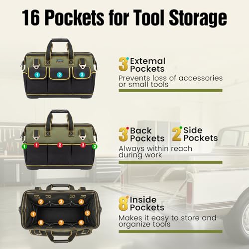 Image of Tool Bag, Ounic 18 Inch Large Tool Tote Bag Heavy Duty With Waterproof Molded Base, Wide Mouth Tool Box Organizer with Adjustable Shoulder Strap for Electrician Mechanic Craftsman Plumbers(Green)
