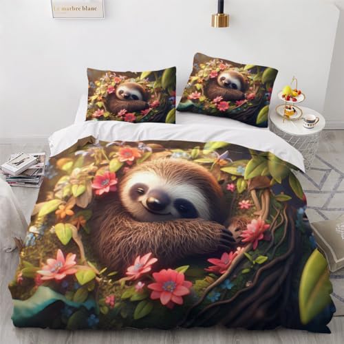 DILANI Bettwäsche 135x200 Kinder Faultier 3D Bettwäsche-Set 3 Teilig...