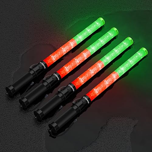Image of E-riding 4 Pack Traffic Wand, 21 Inch Traffic Control Wand with 3 Flashing Modes & Side Clip, LED Safety Baton for Traffic Control, Parking, Aircraft, Car Directing (Red+Green)