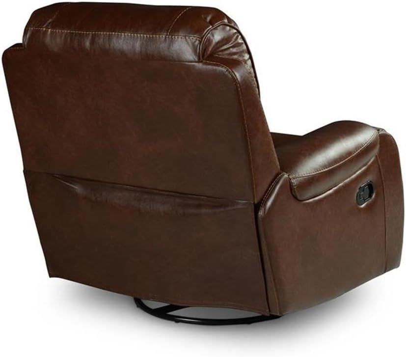 Pemberly Row Faux Leather Manual Swivel Glider Recliner Chair, Brown Finish, High-Density Foam, 360-Degree Swivel Rocking, Brass Nail Head Trim, Comfortable Seating for Living Room or Home Use