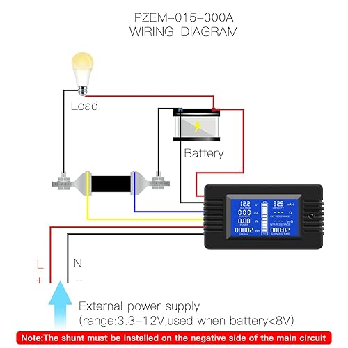 Miniatura 6 de Medidor de monitor de batería multifunción CC, 0-200V, 0-300A (ampliamente aplicado a batería de 12V/24V/48V RV/coche) Pantalla LCD Medidor