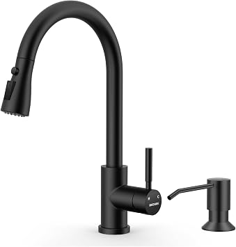 WEWE Pull-Down Kitchen Faucet with Soap Dispenser Set, Matte Black