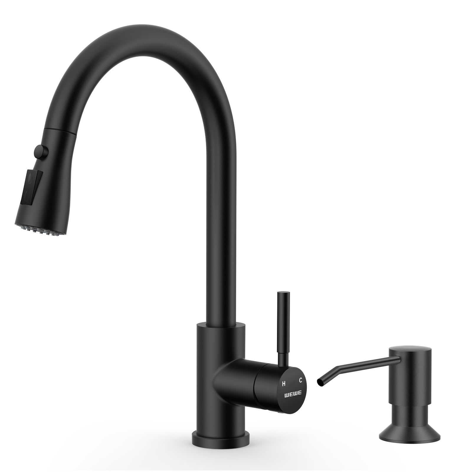 WEWE Kitchen Faucet with Pull Down Sprayer and Soap Dispenser, Matte Black High Arc Single Handle Stainless Steel Sink Faucet, Suitable for Farmhouse, RV & Laundry Matte Black Antique