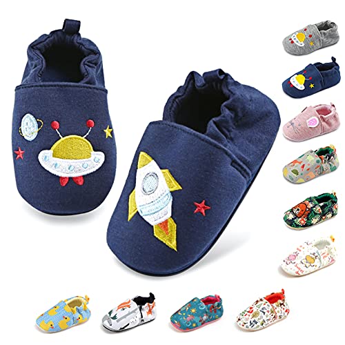 Baby Boys Girls Slippers Non Skid Rubber Sole Baby Walking Shoes Cartoon Infant Sneaker Toddler House Shoes for Baby Girls(6-24 Months)(9-12 Months Infant,1-Navy Rocket)