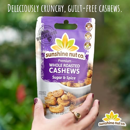 Sunshine Nut Company Whole Roasted Lightly Salted Cashews, Sugar and Spice Flavor, 12-Pack, 1.05 oz. Each, Gluten Free, Peanut Free and Vegan Individual Snack Packs for Kids and Adults, GMO Free