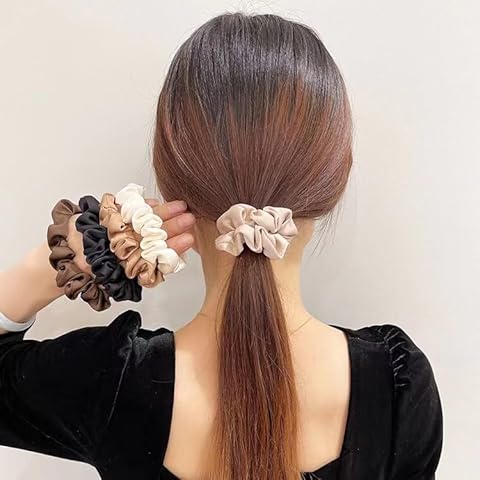 LSLCQW 5pcs Softer Than Silk Hair Ties | Satin Scrunchies for Girls & Women | No Damage Scrunchies (Black Khaki Collection) Cover