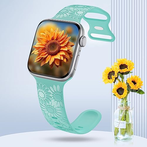 Image of Sunflower Engraved Band Compatible with Apple Watch Bands 38mm 40mm 41mm 42mm 44mm 45mm 49mm Women, Designer Soft Glossy Floral Silicone Strap for iWatch Series Ultra 11 10 9 8 7 6 SE 5 4 3 2 1