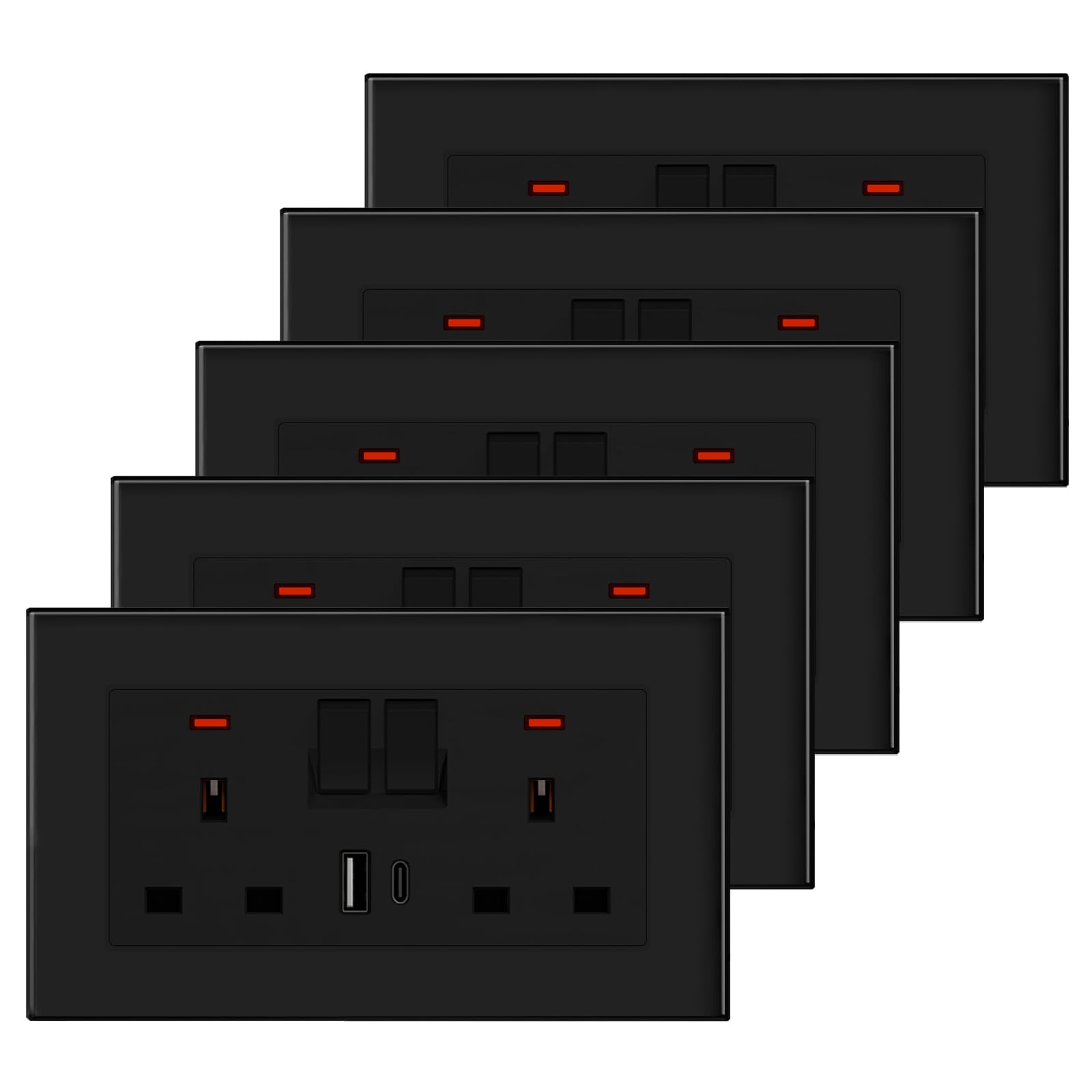BSEED Double Socket 13A with 2 USB A and USB C 18W, Double Switched Socket 2 Gang UK Standard, Switched Outlet with Glass Panel, Electric Power Outlet Black, 5 Pack