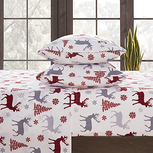 Flannel Sheets Warm and Cozy Deep Pocket Breathable All Season Bedding Set with Fitted, Flat and Pillowcases, King, Buffalo Deer