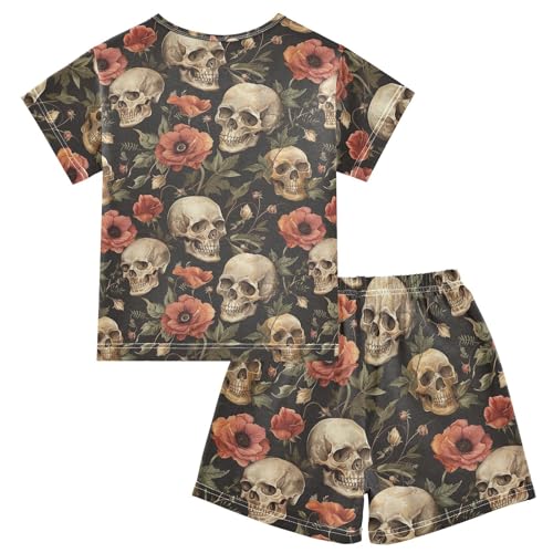 ALAZA Retro Skull Flowers Pajama Set Short Sleeve Sleepwear Soft Lounge Nightwear2