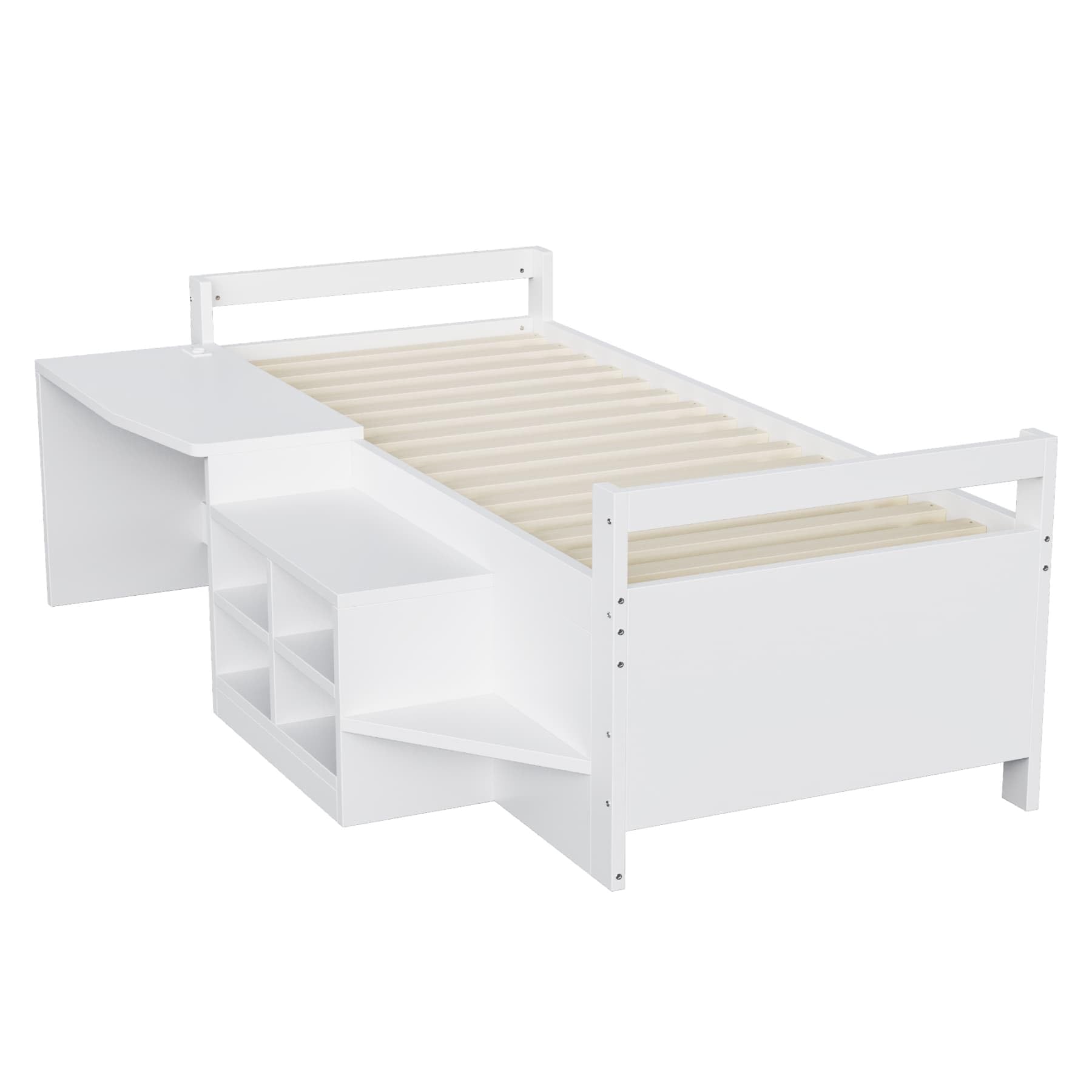YEHTOKHOME Lit Multifonctionnel en Bois de 90 x 200 cm avec Bureau et Armoire de Rangement,Moderne lit Simple pour Enfant avec 2 Ports USB et Prise électrique(sans Matelas) (B, Blanc)