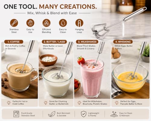 Image of Clazkit Stainless Steel Hand Push Whisk Blender | Manual Egg Beater & Milk Frother | Semi-Automatic Rotary Whisk for Eggs, Cream, Coffee & Baking