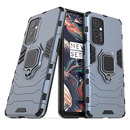Compatible con OnePlus 9 5G Funda, Anillo Metálico Sujeción Soporte Antichoque Caja (Funciona con el Montaje de Coche Magnético) Doble Capa Case Carcasa (Azul Marino)
