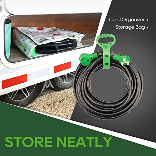 Rvguard 30 Amp 50 Foot Rv Extension Cord, Heavy Duty 10/3 Gauge Stw Cord With Led Power Indicator And Cord Organizer, Tt-30P/R Standard Plug, Green, Etl Listed #TOP5