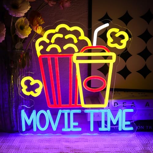 OYCGZV Filmzeit Neon Schild Popcorn Led Neonschild Wand Movie Time Neon Sign USB Led Schild für Kino Heimkino Kinoparty Filmraum Geburtstagsfeier Business Dekoration