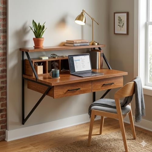 Image of Computer Study Table for Home & Office | Writing Desk with Storage Shelves | Laptop Table | Office Workstation | Wooden Study Desk | Modern Industrial Computer Table | Engineered Wood & Metal Frame