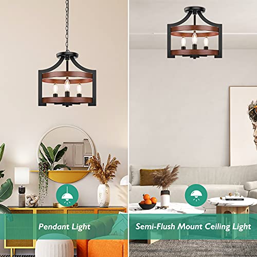 3-Light Rustic Farmhouse Pendant Hanging Light Adjustable Height Max 68In, Convertible Vintage Semi Flush Mount Ceiling Light Fixture Black Metal Chandelier Walnut Wood Finish For Kitchen Dining Room #TOP2