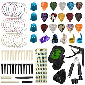 TTCR-II Gitaar Accessoires, 61 stuks met Gitaarstemmer, Gitaarcapo, 3 set Gitaarsnaren, 15 Plectrums, Plectrumhouder, 3 in 1 Snaaropwinder, Gitaar Brugpennen, Gitaarzadel en moeren ,Gitaar Hals Sticker etc.