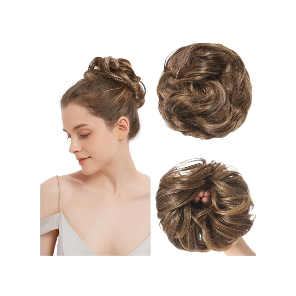 QRSTUVXZY Messy Bun Hair Piece Curly Synthetic Extensions Scrunchies Fake Chignon Updo Hairpieces for Women(Beige Bronde Mixed Chestnut Brown)