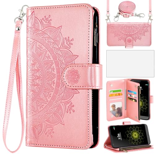 Asuwish Phone Case for LG G5 Wallet Cell Cover with Screen Protector Lanyard Wrist Strap Mandala Flower Flip Zipper Card Holder Slot Stand LGG5 SE LG5 G 5 5G Women Girls Tempered Glass Credit Pink