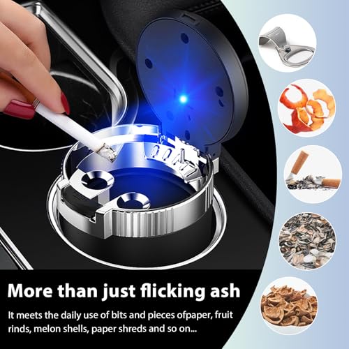 Image of Car Ashtray with Lid, Detachable Smokeless Auto Cup Holder Ashtray with LED Blue Light, Stainless Steel Ash Tray Portable Mini Vehicle Trash Can for Car Home Outdoor (Silver)