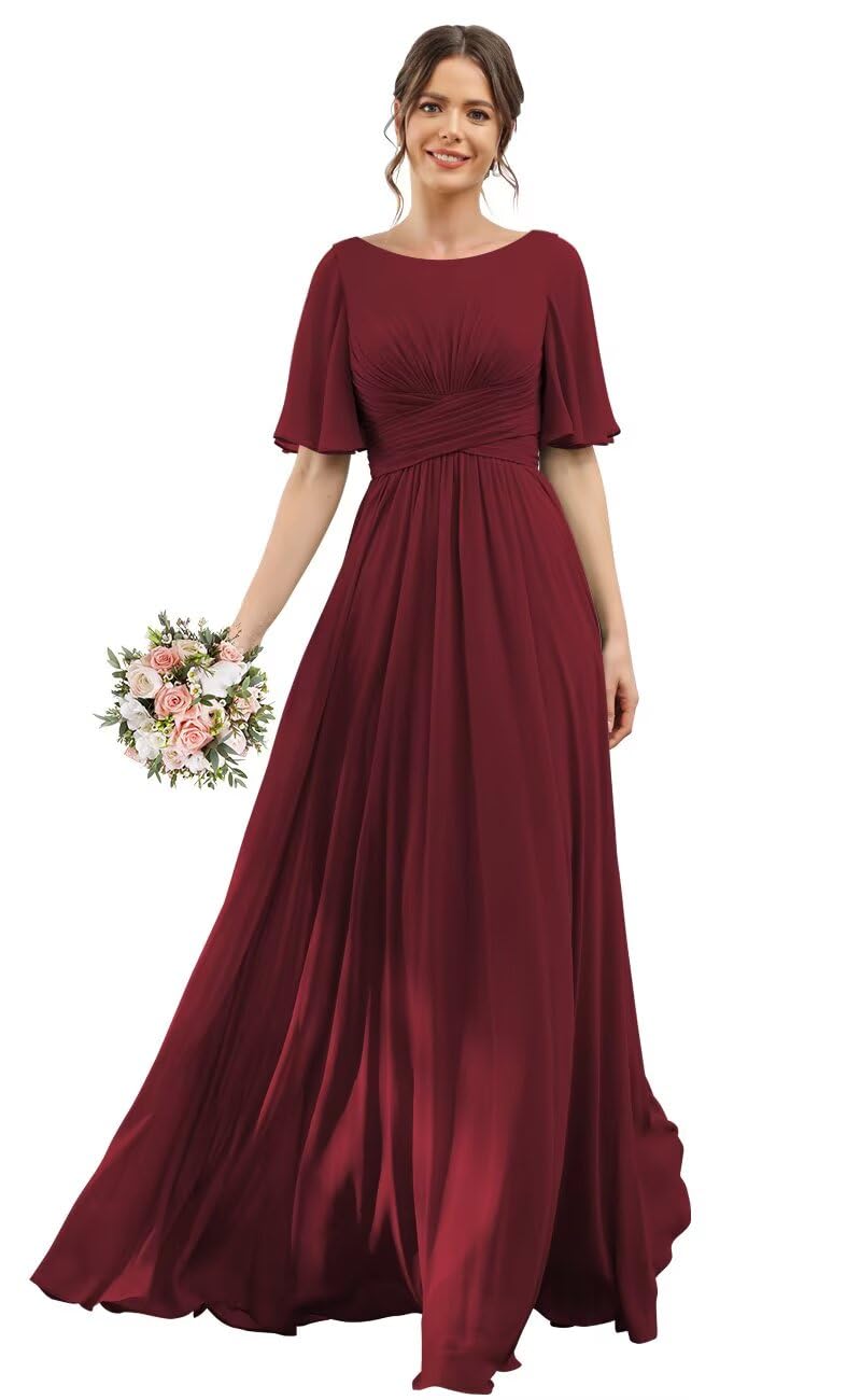 RSOETOO Flutter Sleeve Bridesmaid Dresses with Pockets A-Line Long Chiffon Formal Party Dress RON011