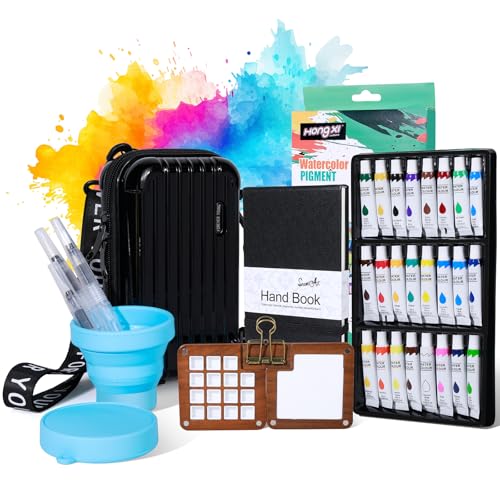 Mini Watercolor Paint Set, Portable Travel Watercolor Kit, Include Walnut