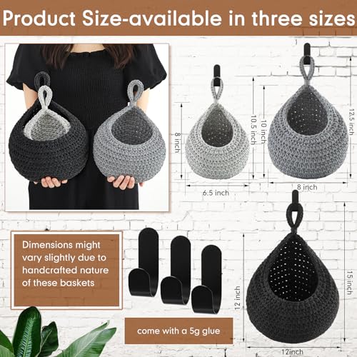 Image of Honeydak 3 Hanging Baskets, Light Grey, White, Grey, Teardrop, Cotton Rope