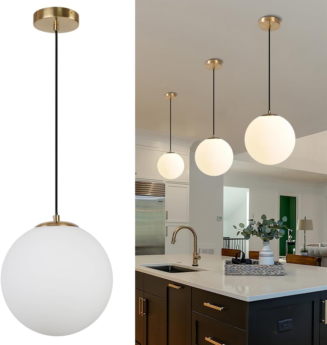 Globe Pendant Light Gold Modern Hanging Light 10 Inch Brass Pendant Lighting Milk Glass Mid Century Light Fixtures for Bedroom Dining Room Living Room Kitchen Island