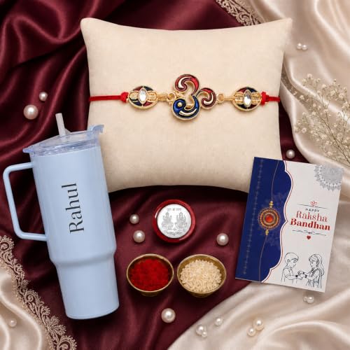 Image of Oblivion OM Multicolor Rakhi for Brother & Bhaiya with Customized Travel Tumbler-1800ml - Raksha Bandhan Gift Set with Roli Tikka, Pooja Coin & Greeting Card | Pack of 5 (Random Color)