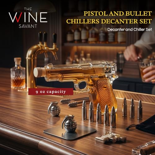Image of Bullet Whiskey Stones with Vintage Wooden Case, 9oz Gun Decanter, Stainless Steel Ice Cubes Chilling Bullets, Grenades, Pistol, Tongs, Velvet Bag Whiskey Gift Set for Men, Dad, Husband, Boyfriend Cool