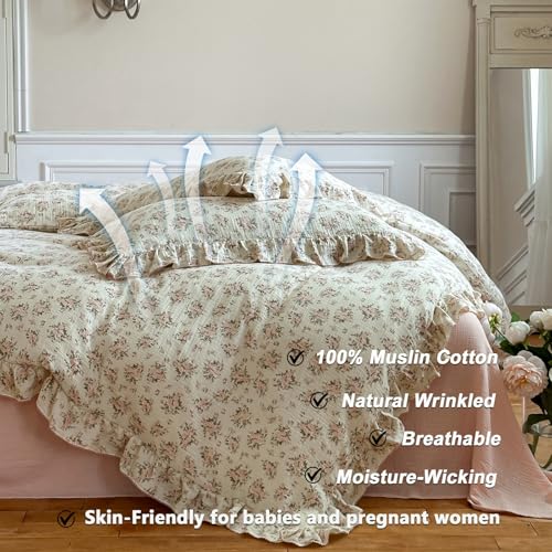 Image of VM VOUGEMARKET Muslin Cotton Duvet Cover Set Queen,Vintage Flower Comforter /Quilt Cover with Romantic Ruffles,Soft, Breathable & Lightweight 90 inchx90 inch