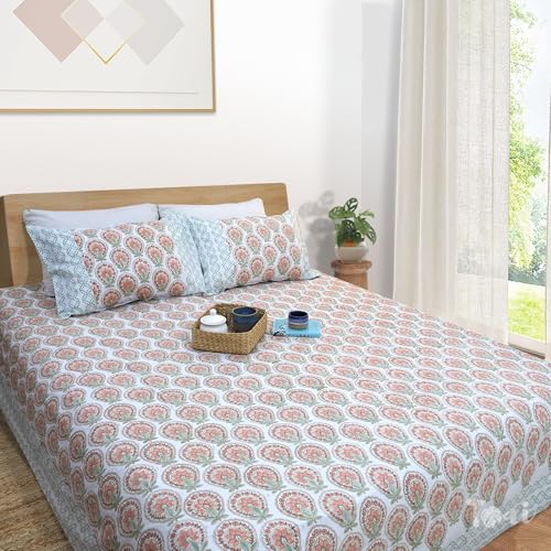 Image of TOAI Hand Block Printed Bedsheet | Bed Sheet Flatsheet | Pure Cotton | Double Bed Queen Size 90 inchx108 inch | 300 TC Bedsheets | Includes 2 Pillow Covers (Peach Green White)