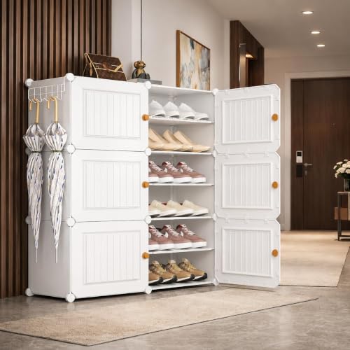 Image of Mevigo Plastic Shoe Rack for Home with Door | 12-Tier Stackable Shoe Organizer | Holds 24-Pairs |Waterproof & Dustproof | DIY Modular Shoe Cabinet |Chappal Slipper Stand for Bedroom -White-HW2