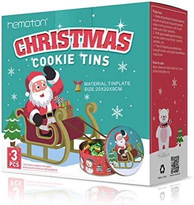 HEMOTON Christmas Cookie Cake Storage Tins Premium 3 Pack Empty Round Christmas Tinplate Box Cookie Containers with Lids for Storing Candies Biscuits Chocolate Tea Treat Small Gift and More