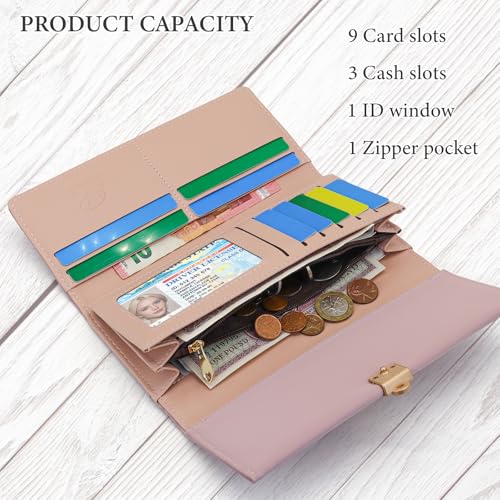 FuninCrea Womens Wallet Leather Credit Card Holder with 9 Credit Card Slots and ID Window, Large Capacity Womens Purses Long Ladies Wallet with 3 Cash Compartment and Zippered Coin Pocket (Blue)4