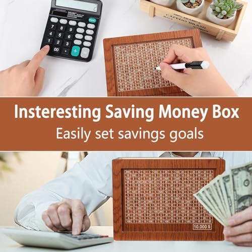 Cash Vault Wooden Savings Box, Money Saving Box with Money Target, Money Box for Cash, Wooden Piggy Bank for Adults, Cash Savings Box for Children and Adults Children's Day Birthday Gifts ($10000)